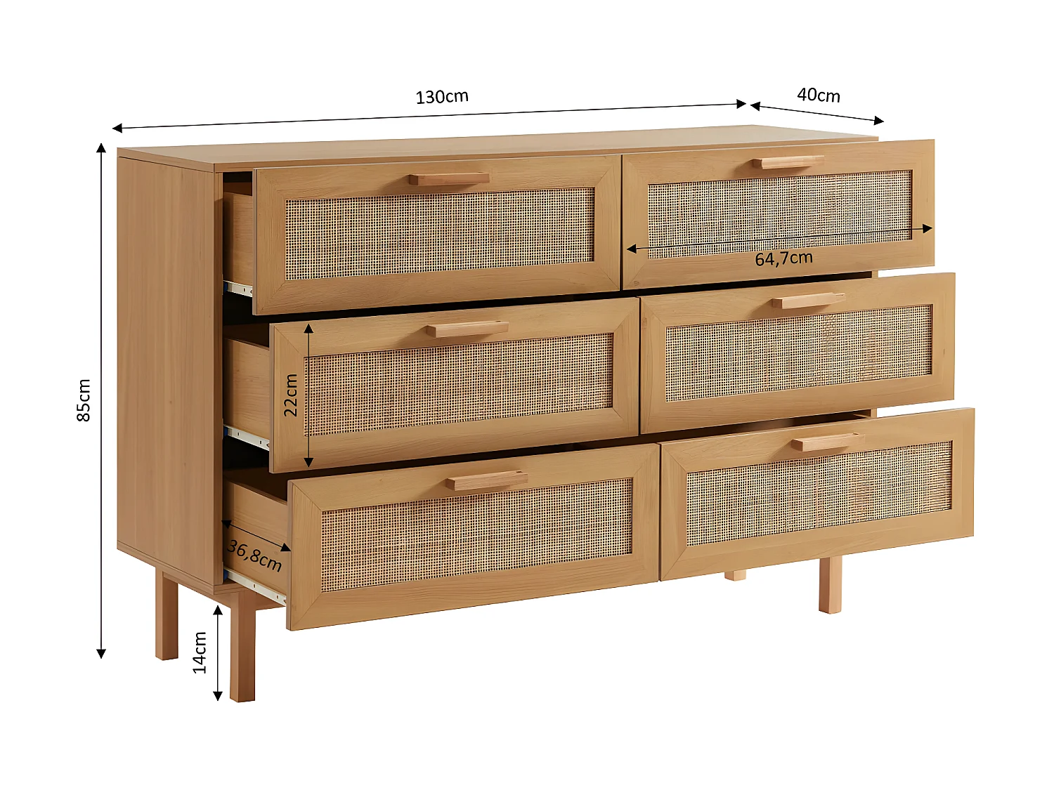 June - Commode 6 tiroirs en bois et cannage L130cm - Bois clair