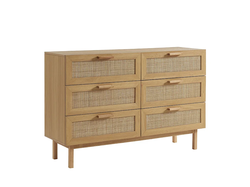June - Commode 6 tiroirs en bois et cannage L130cm - Bois clair