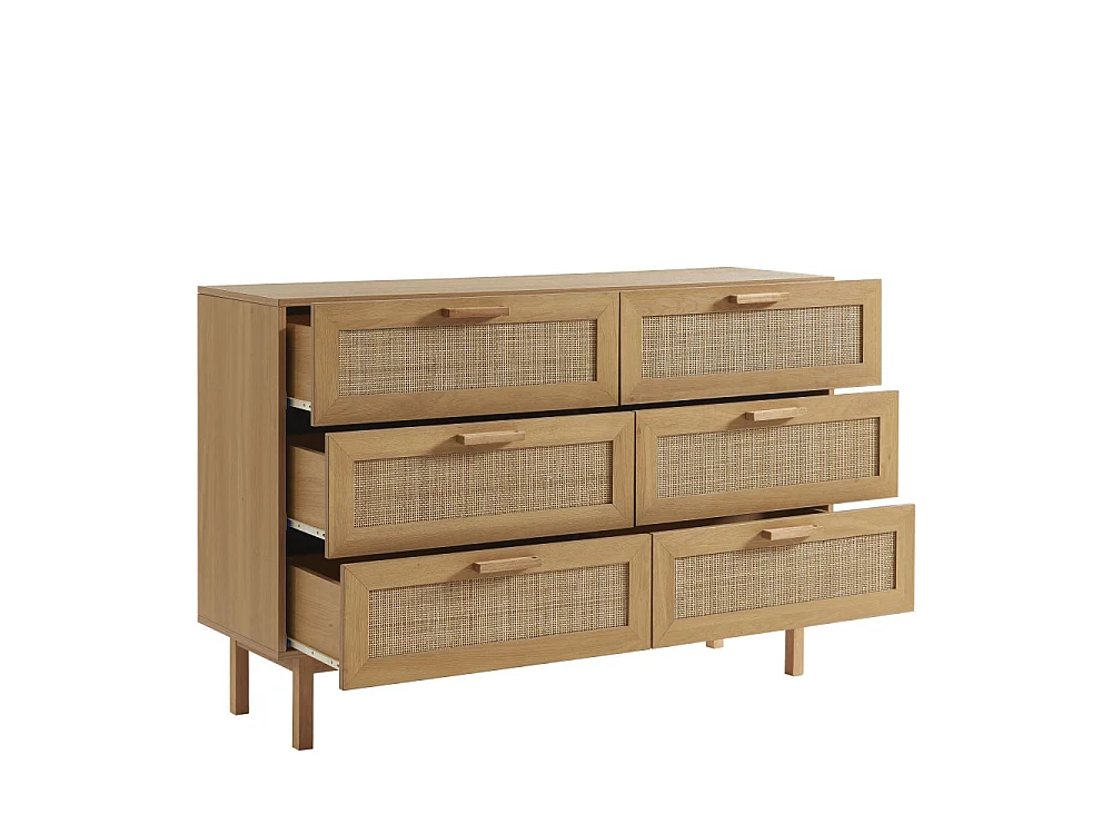 June - Commode 6 tiroirs en bois et cannage L130cm - Bois clair