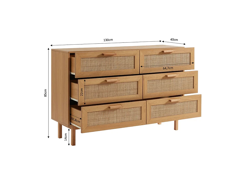 June - Commode 6 tiroirs en bois et cannage L130cm - Bois clair