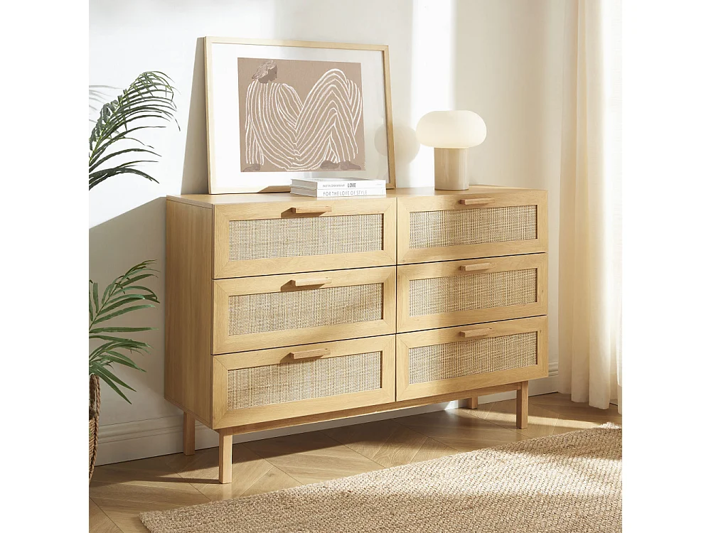 June - Commode 6 tiroirs en bois et cannage L130cm - Bois clair