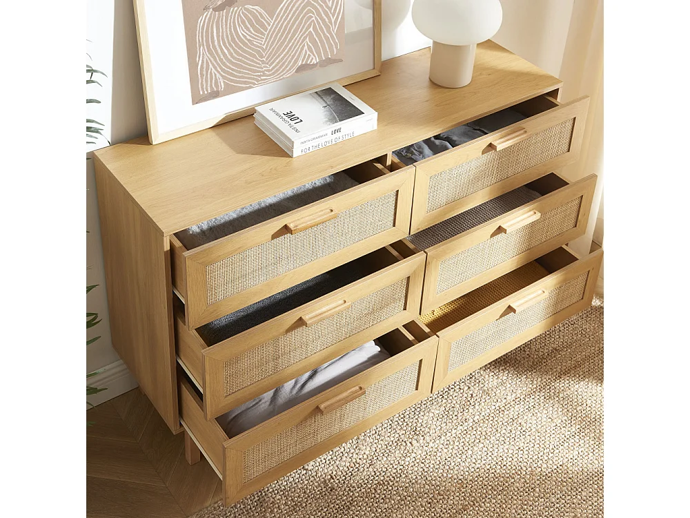 June - Commode 6 tiroirs en bois et cannage L130cm - Bois clair
