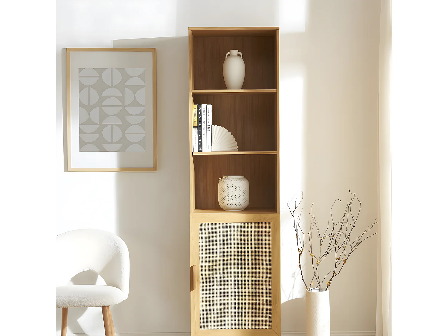 June - Colonne de rangement en bois et cannage H190cm - Bois clair