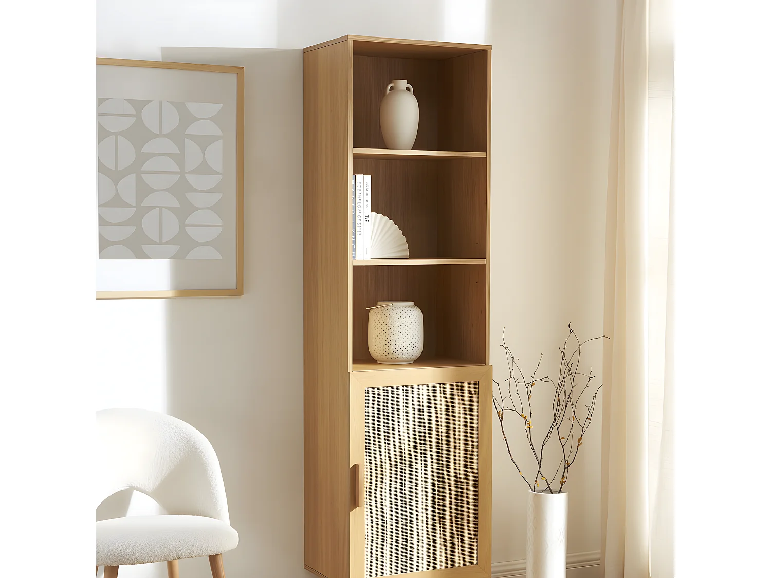 June - Colonne de rangement en bois et cannage H190cm - Bois clair