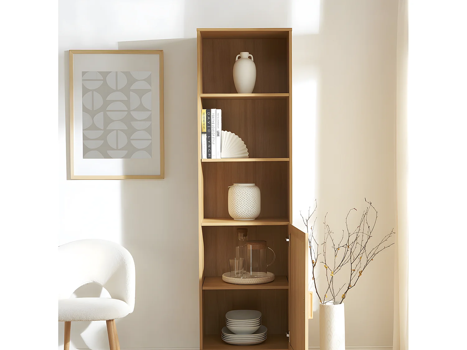 June - Colonne de rangement en bois et cannage H190cm - Bois clair