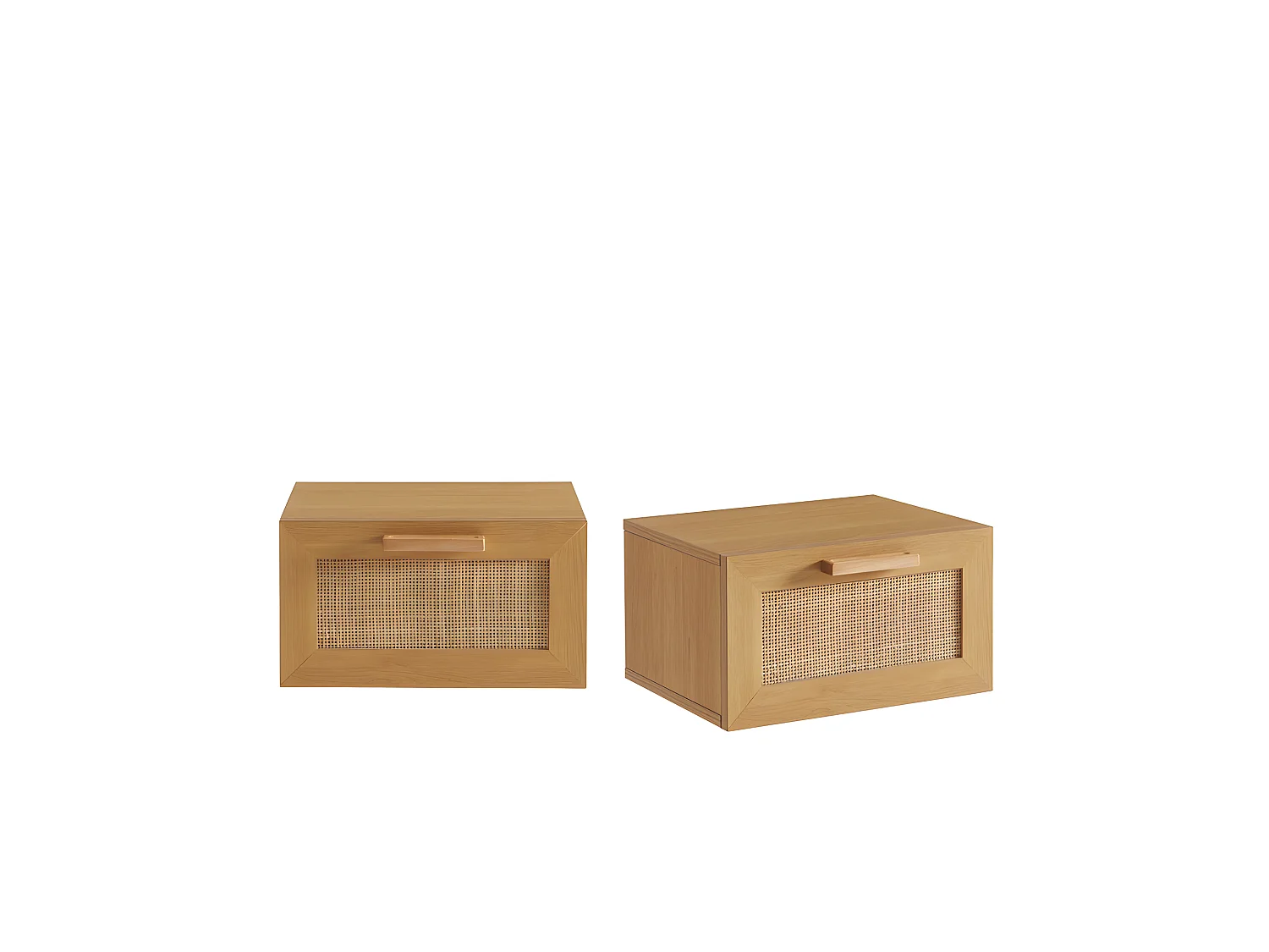 June - Lot de 2 tables de chevet murales avec rangement en bois et cannage - Bois clair