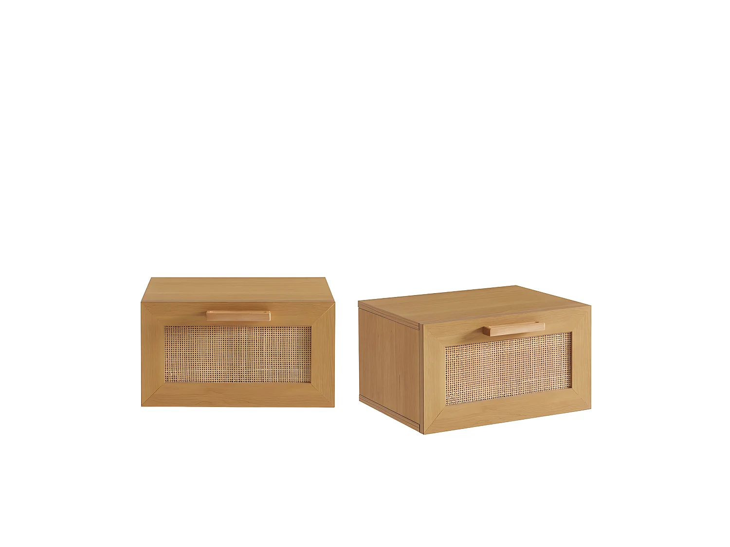 June - Lot de 2 tables de chevet murales avec rangement en bois et cannage - Bois clair