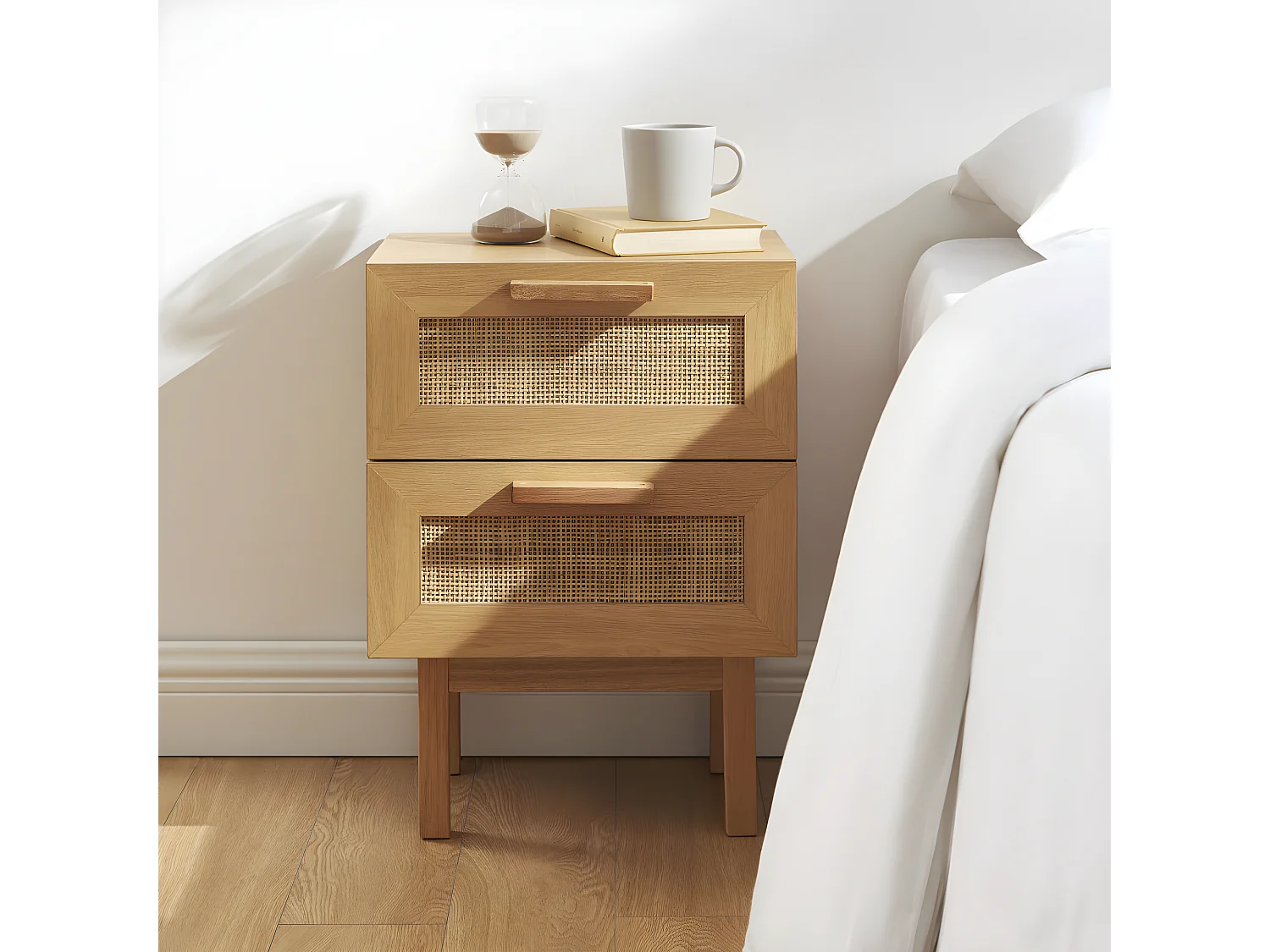 June - Table de chevet 2 tiroirs en bois et cannage - Couleur - Bois clair