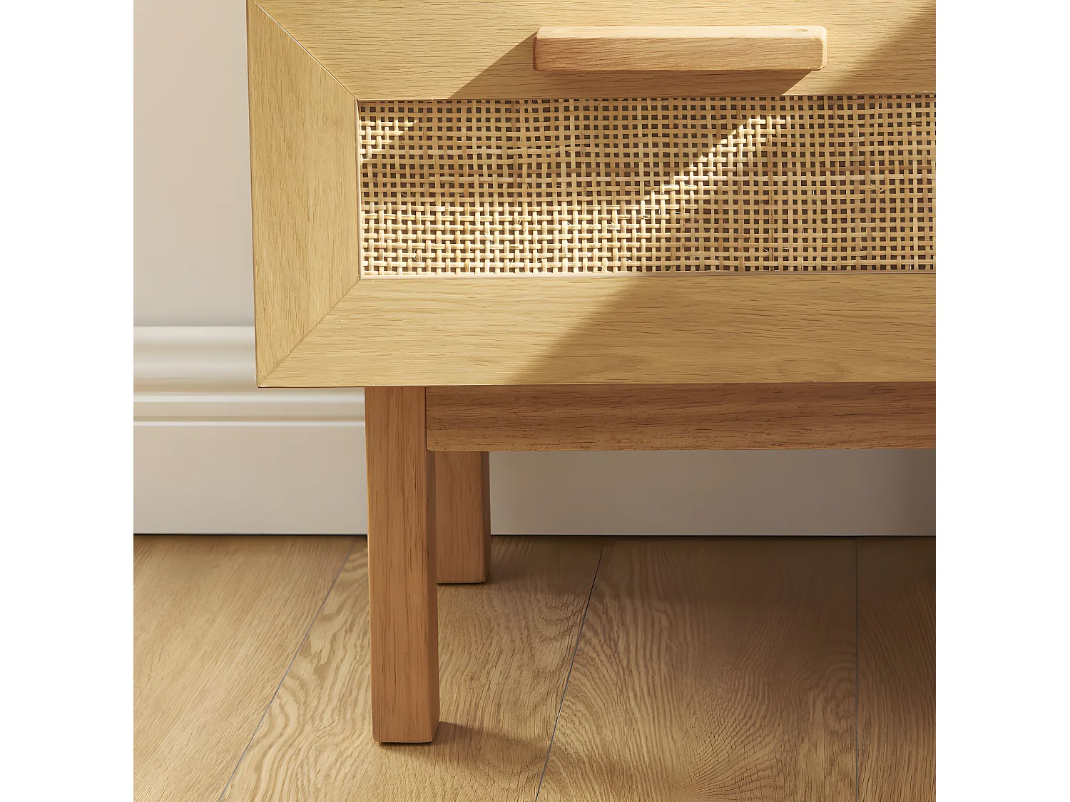 June - Table de chevet 2 tiroirs en bois et cannage - Couleur - Bois clair