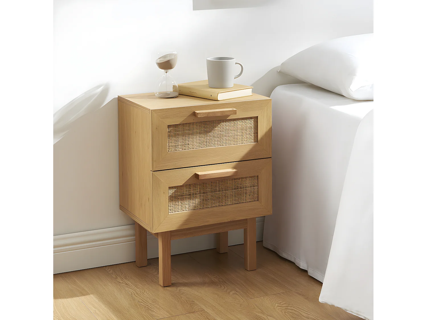 June - Table de chevet 2 tiroirs en bois et cannage - Couleur - Bois clair