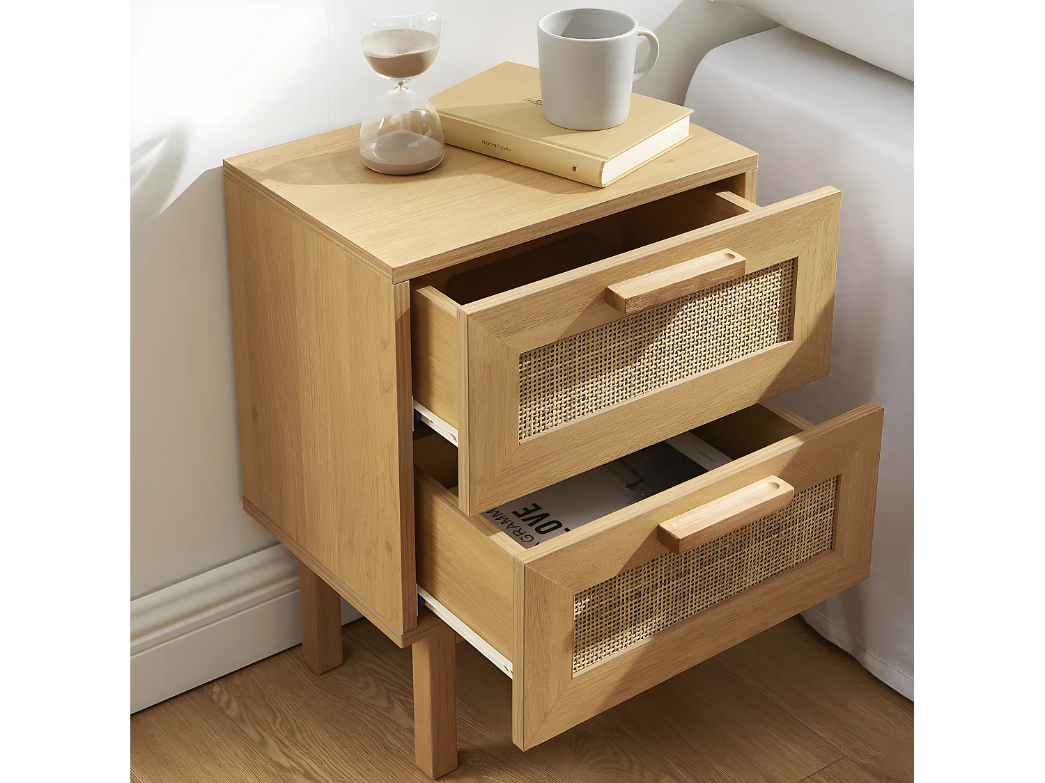 June - Table de chevet 2 tiroirs en bois et cannage - Couleur - Bois clair