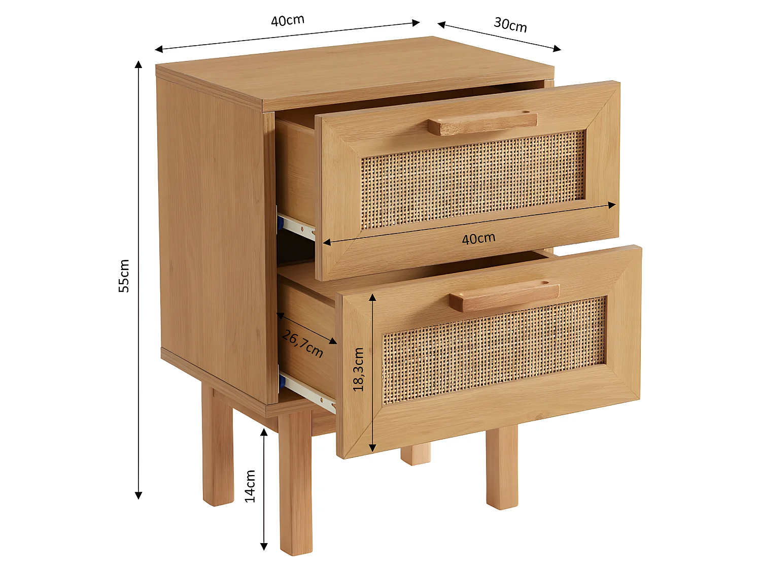 June - Table de chevet 2 tiroirs en bois et cannage - Couleur - Bois clair