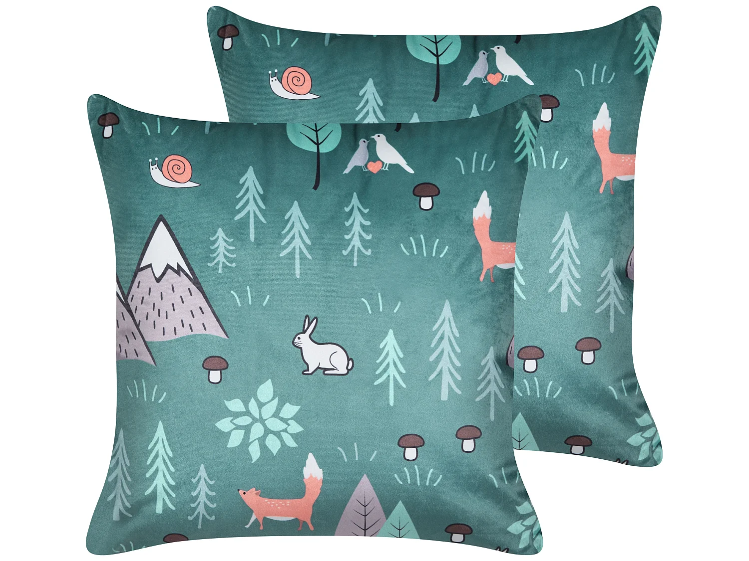 Set von 2 dekorative Samt Kissen mit Reißverschluss für Kinder mit abnehmbarem Bezug Waldmotiv Tierdruck Mintgrün Foothill