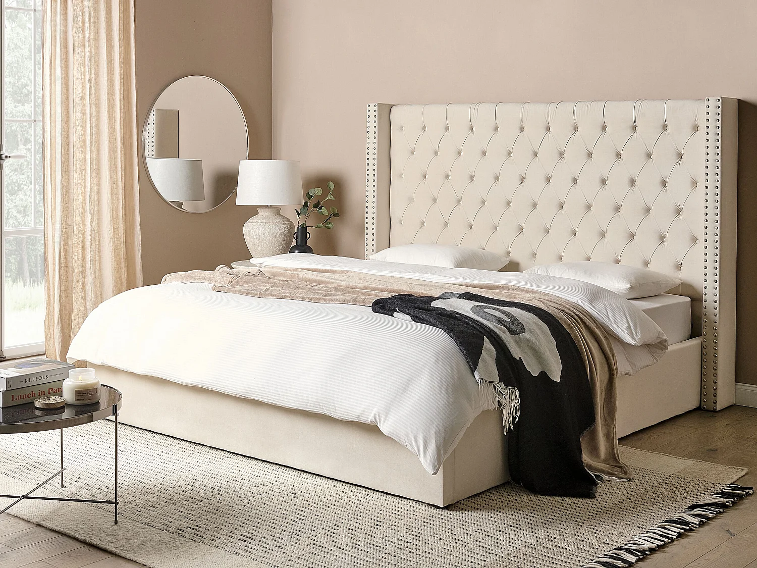 Lit ottoman Velours LUBBON 180 x 200 cm Blanc cassé