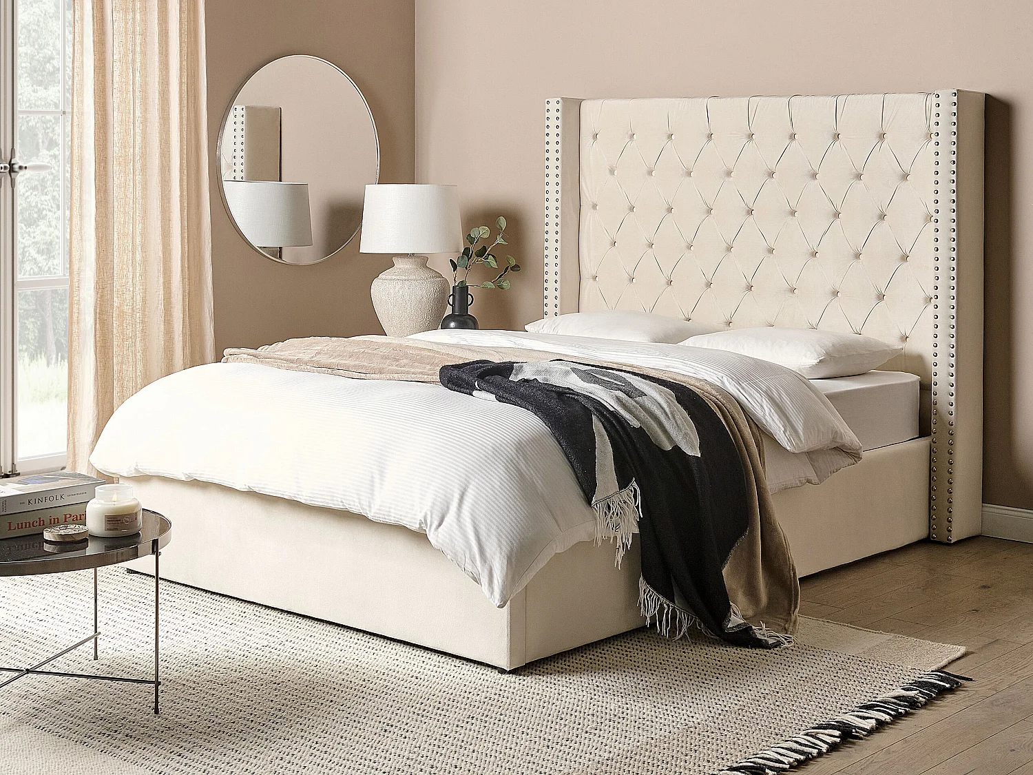 Lit ottoman Velours LUBBON 140 x 200 cm Blanc cassé