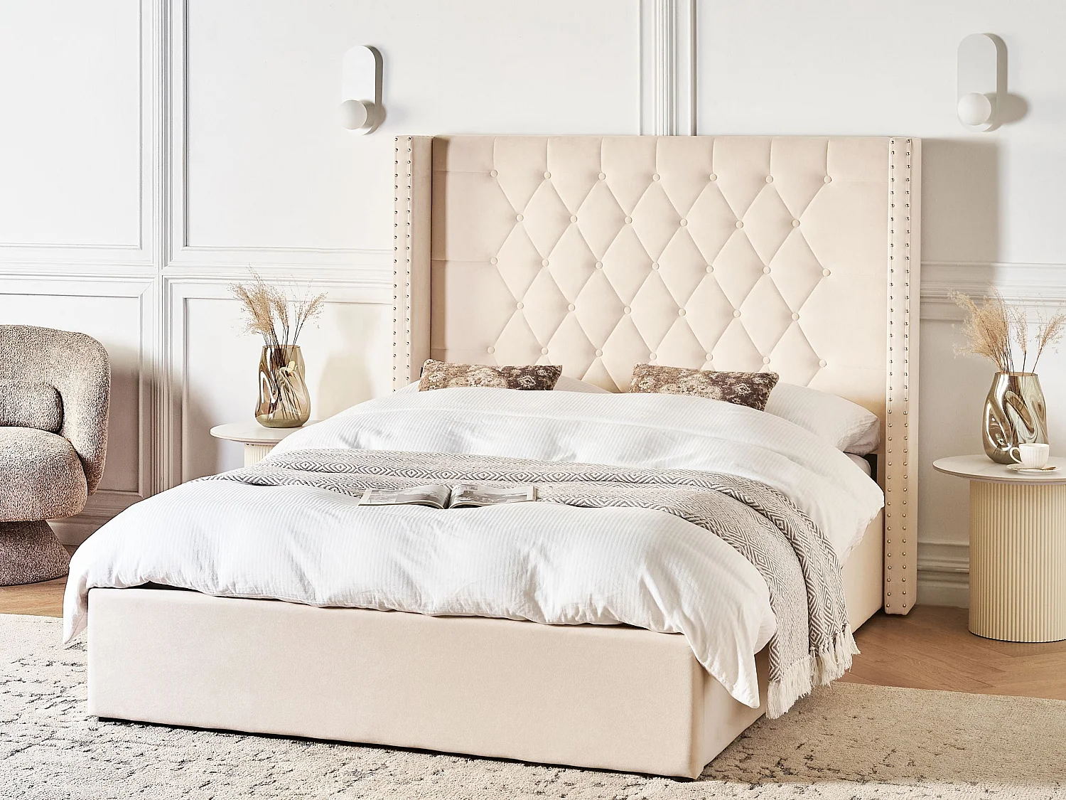 Cama con almacenaje Terciopelo LUBBON 140 x 200 cm Blanco crema