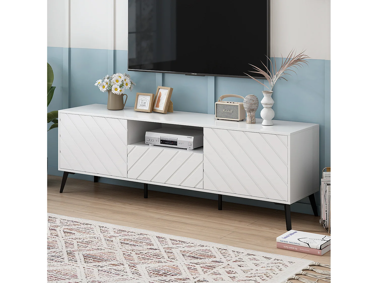 Eigentijds Scandinavisch TV-meubel 170cm voor 70" TV - 2 deuren 1 lade 1 nis - Wit