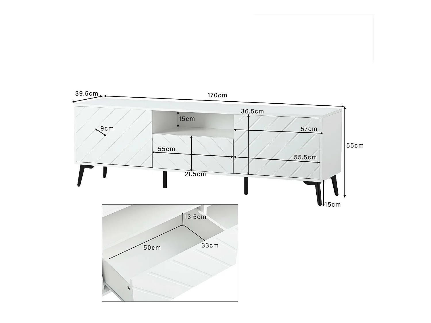 Eigentijds Scandinavisch TV-meubel 170cm voor 70" TV - 2 deuren 1 lade 1 nis - Wit