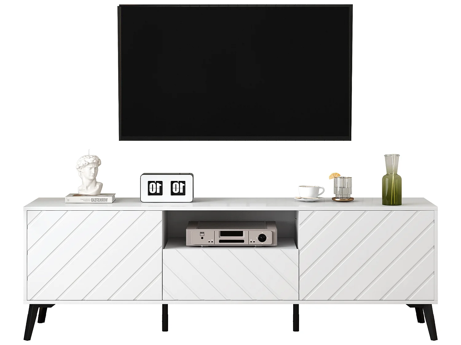 Eigentijds Scandinavisch TV-meubel 170cm voor 70" TV - 2 deuren 1 lade 1 nis - Wit