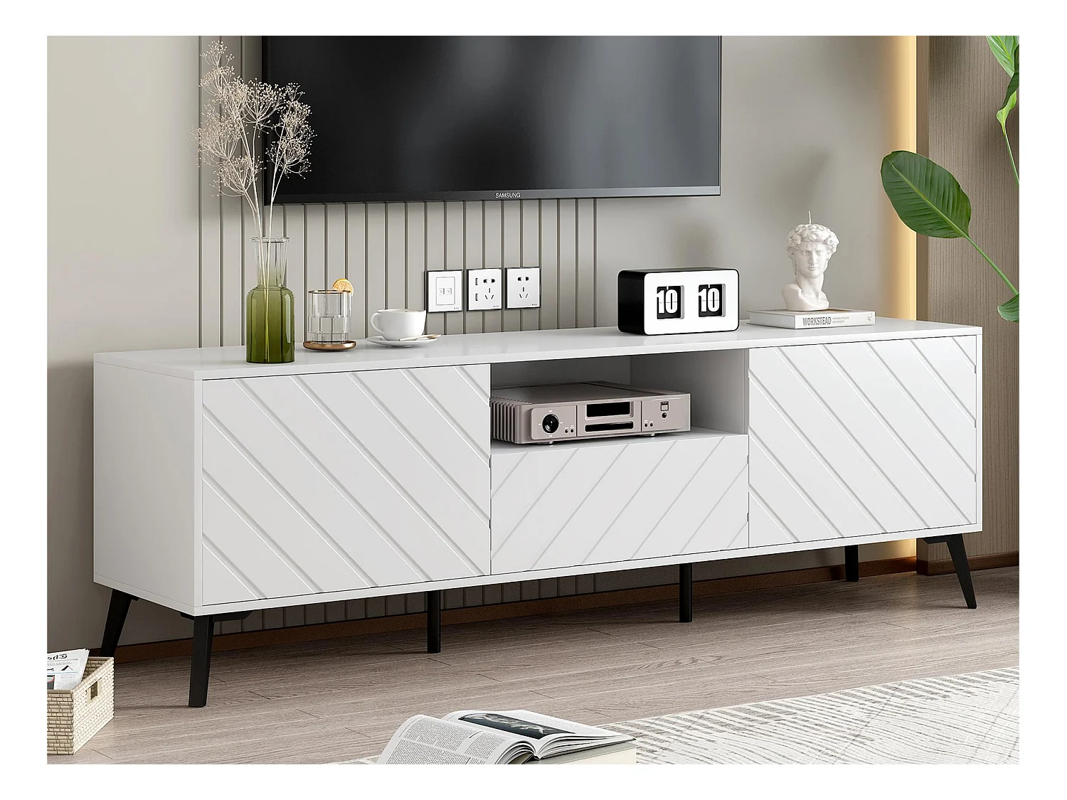 Meuble TV scandinave contemporain 170cm pour 70" tv - 2 portes 1 tiroir 1 niche - Blanc