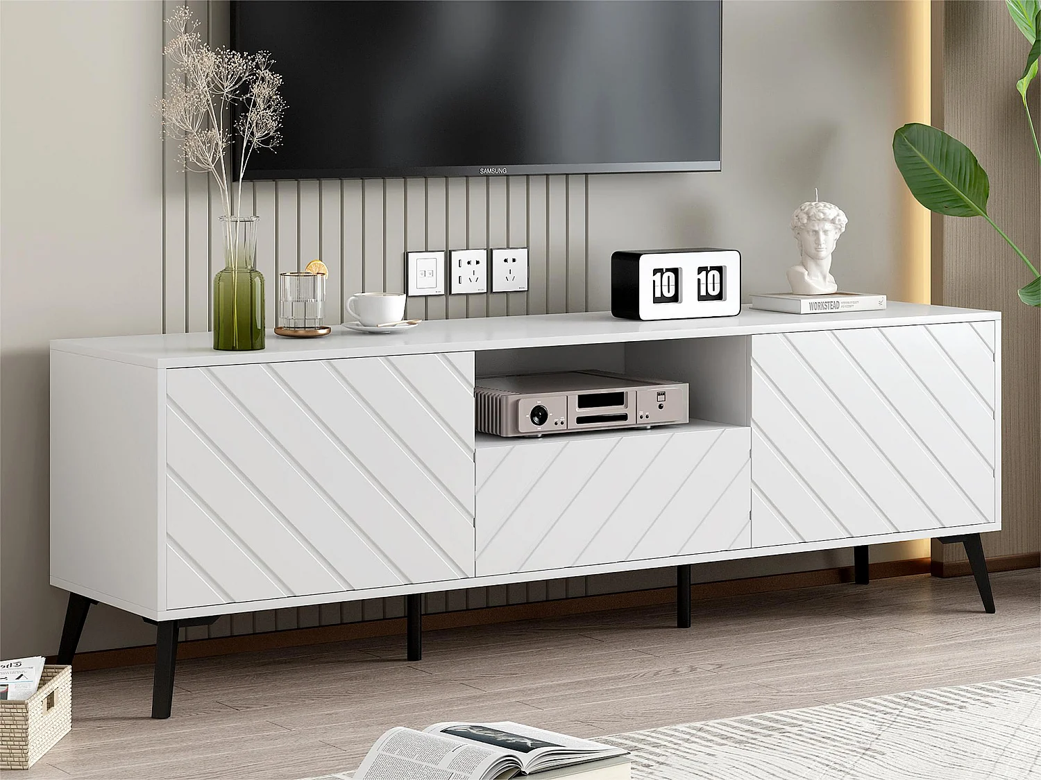 Meuble TV scandinave contemporain 170cm pour 70" tv - 2 portes 1 tiroir 1 niche - Blanc