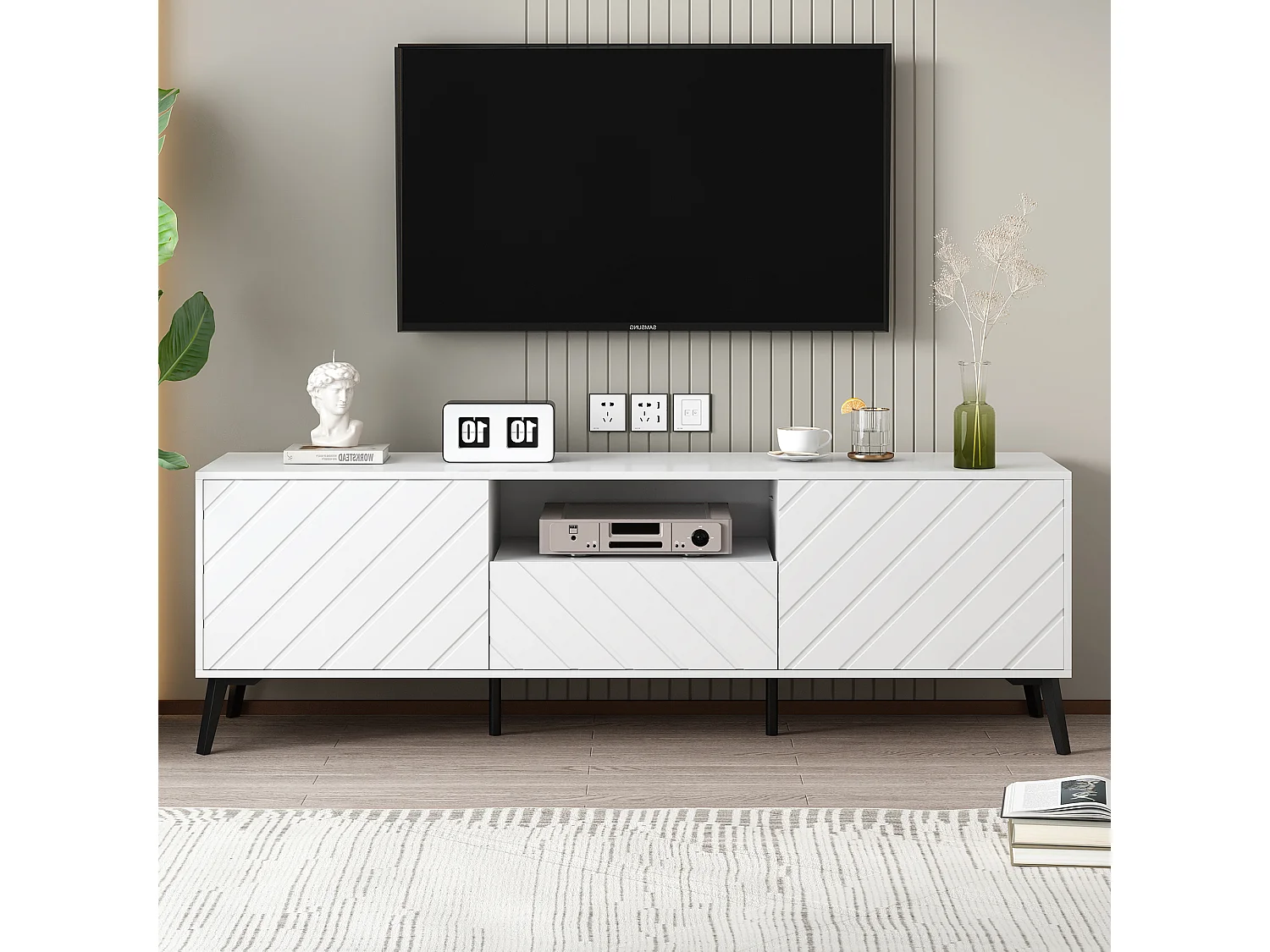 Meuble TV scandinave contemporain 170cm pour 70" tv - 2 portes 1 tiroir 1 niche - Blanc