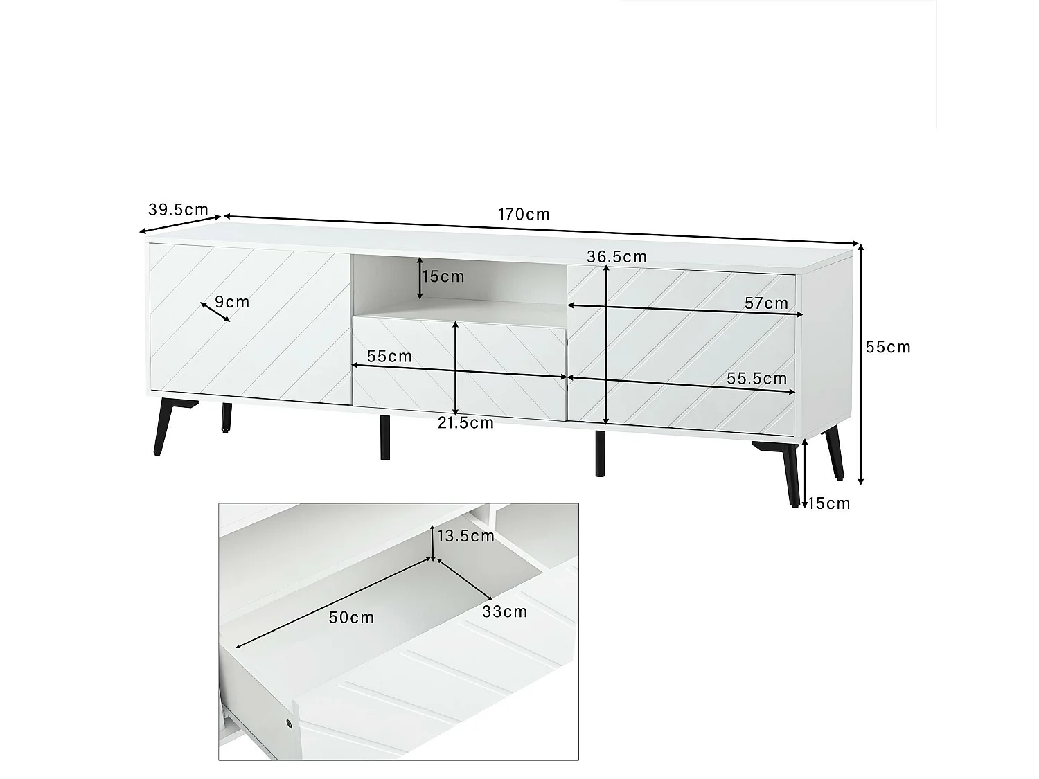 Meuble TV scandinave contemporain 170cm pour 70" tv - 2 portes 1 tiroir 1 niche - Blanc