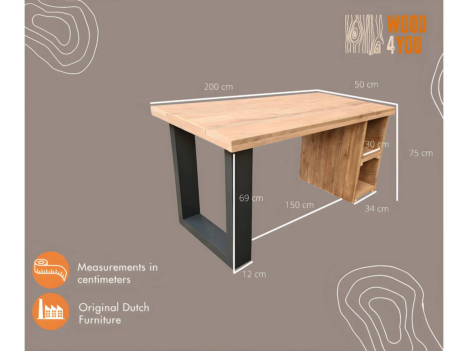 Wood4you - Bureau - San Diego - steigerhout 200Lx50Dx75H cm antraciet