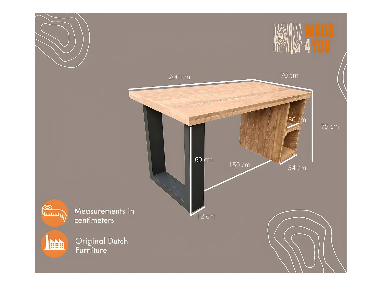 Wood4you - Bureau - San Diego - steigerhout 200Lx70Dx75H cm antraciet