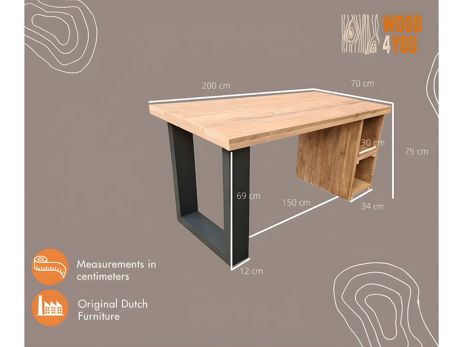 Wood4you - Bureau - San Diego - bois d'échafaudage 200Lx70Dx75H cm anthracite