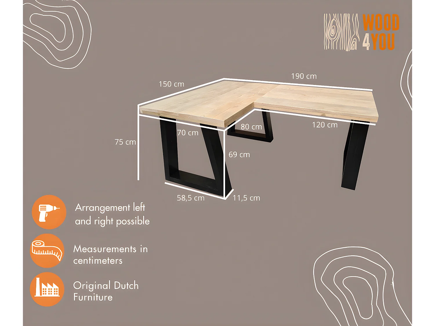 Wood4you - Bureau d'angle - Vancouver échafaudage bois 190/150Lx70Dx75H noir