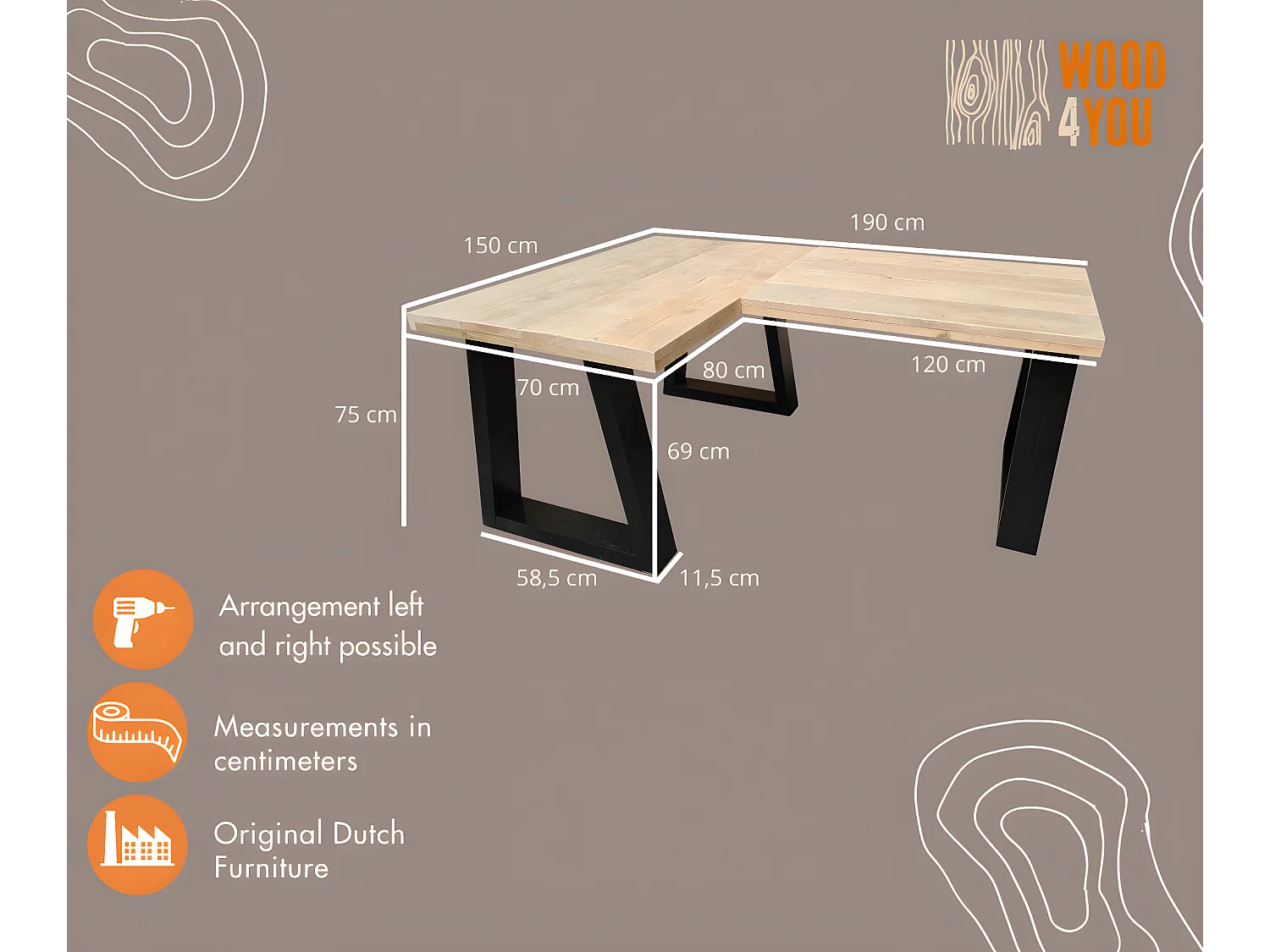 Wood4you - Hoekbureau - Vancouver steigerhout 190/150Lx70Dx75H zwart