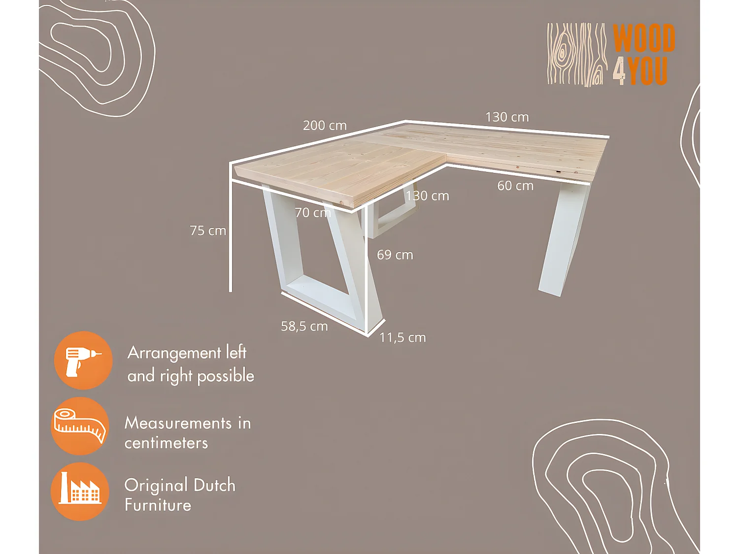 Wood4you - Hoekbureau - Vancouver Vurenhout 200/130Lx70Dx75H Wit