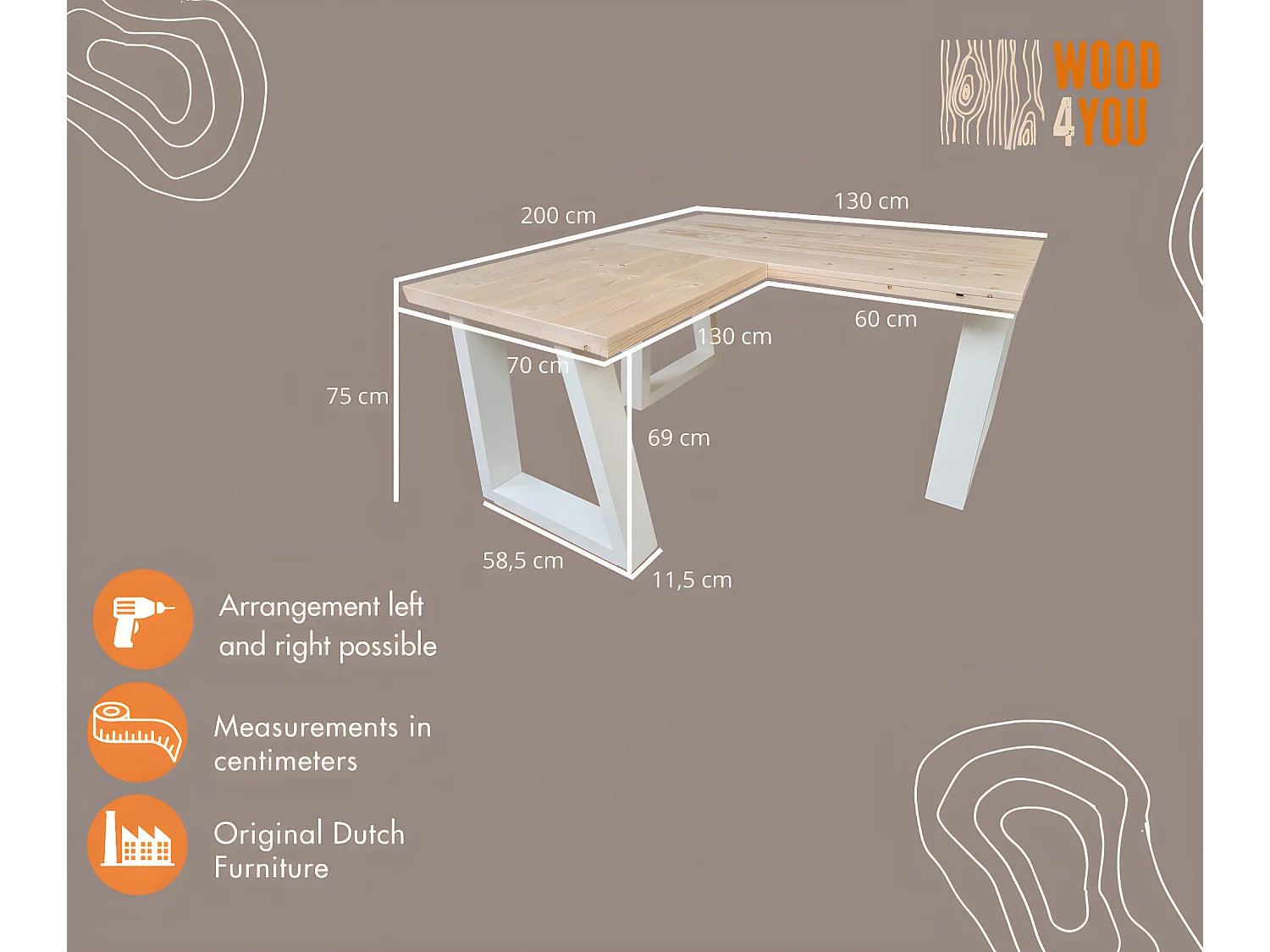 Wood4you - Bureau d'angle - Vancouver Spruce 200/130Lx70Px75H Blanc