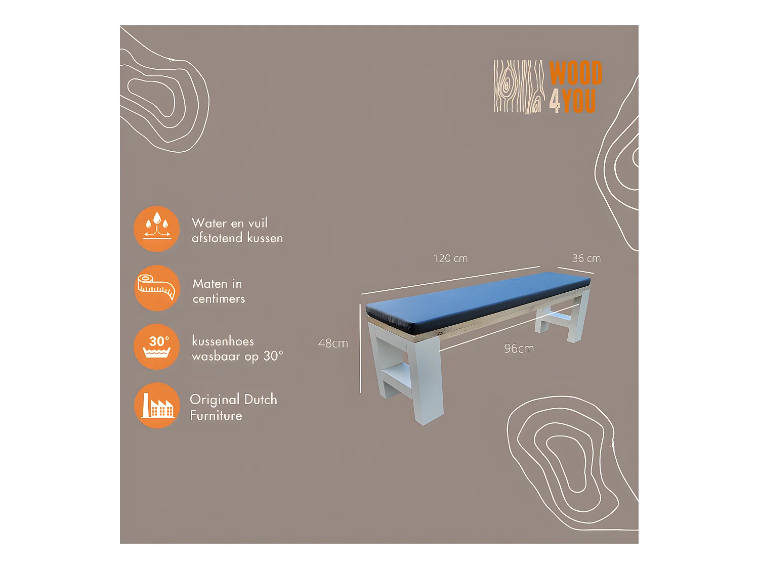 Wood4you - Banc Seattle - 120Lx40Hx38D cm blanc - coussin inclus