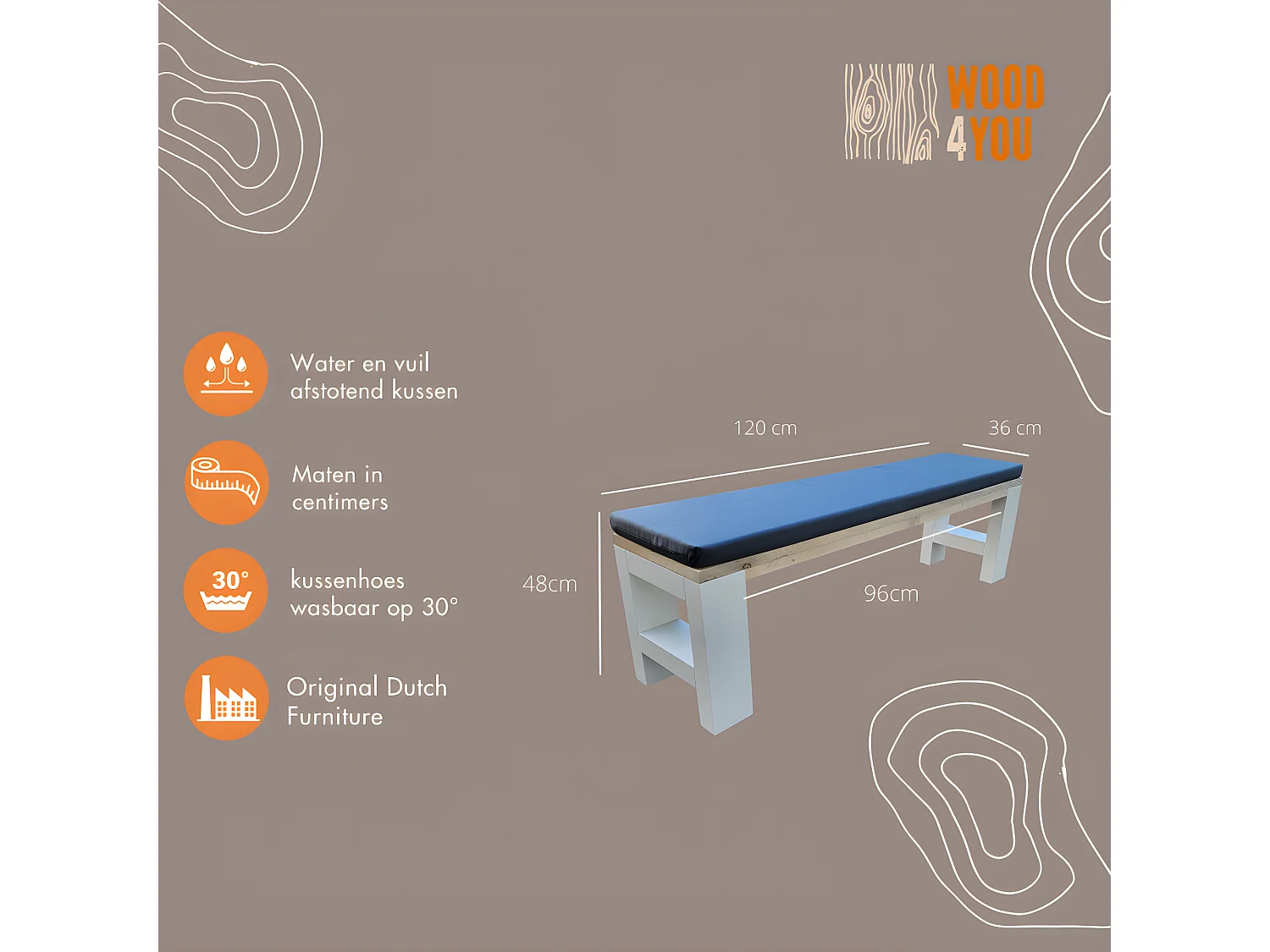 Wood4you - Banc Seattle - 120Lx40Hx38D cm blanc - coussin inclus