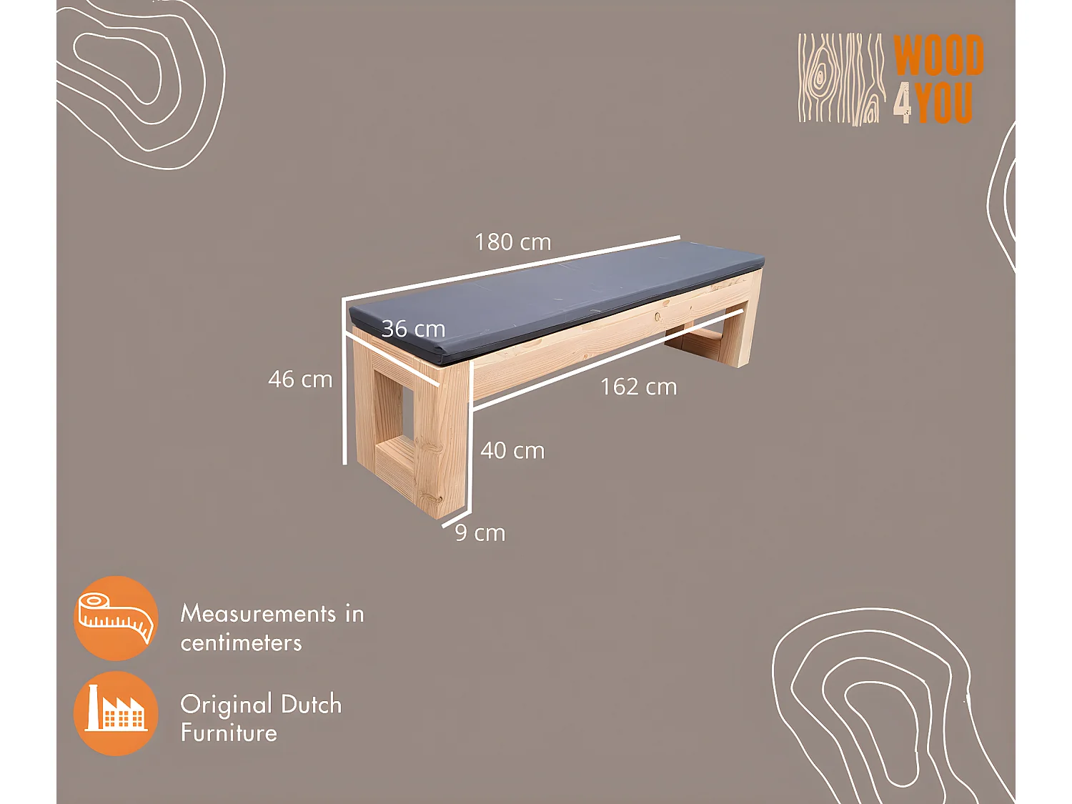 Wood4you - Banc de jardin Boston 180Lx45Hx38D cm avec coussin