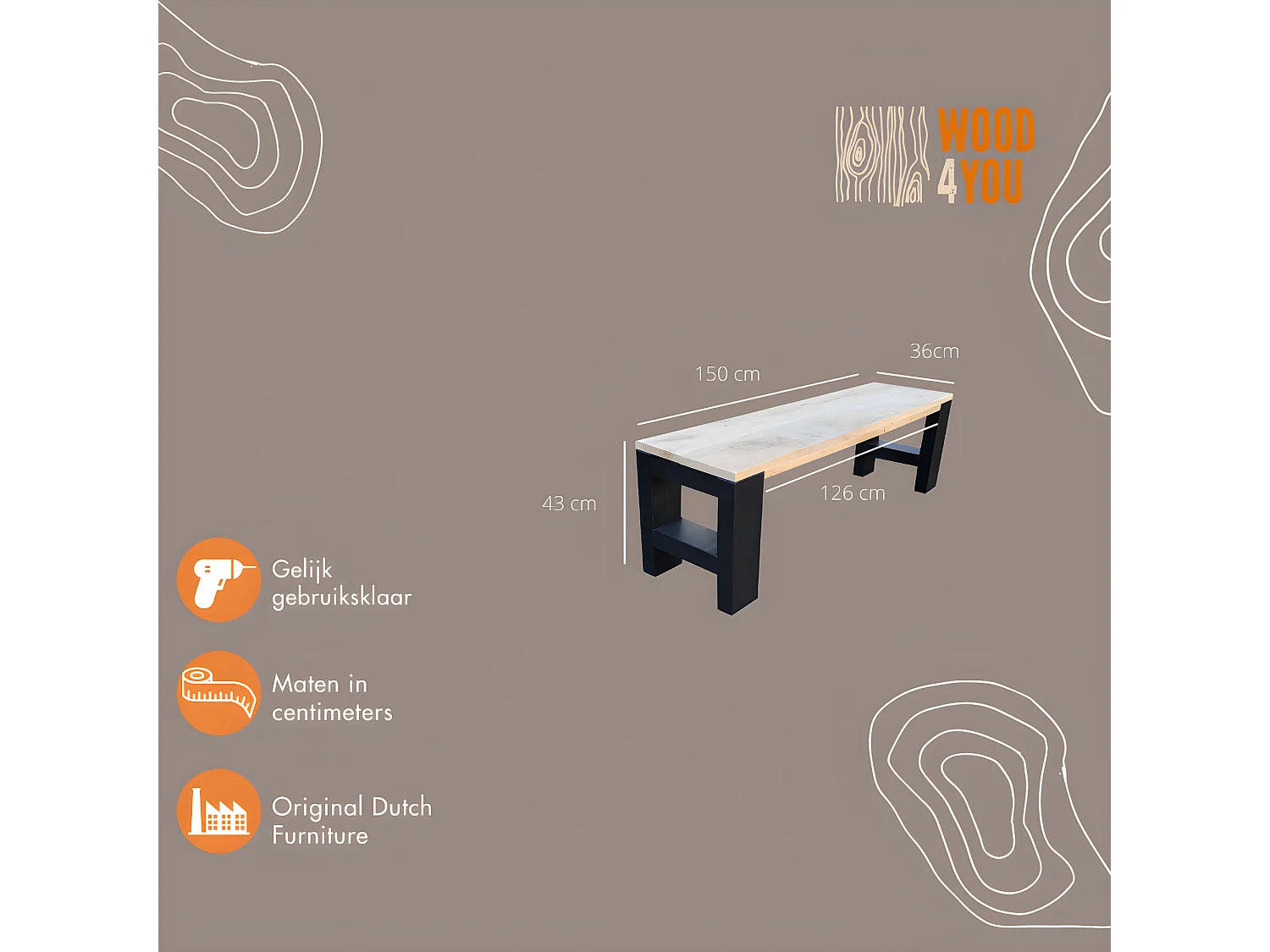 Panca Seattle - 150Lx40Hx38D cm con struttura in abete rosso spruzzato nero.