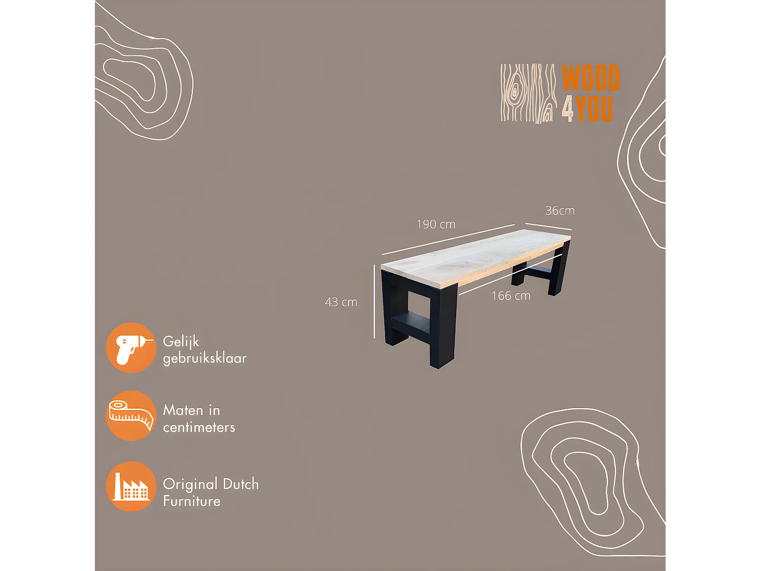 Wood4you - Banc Seattle - 190Lx40Hx38D cm noir