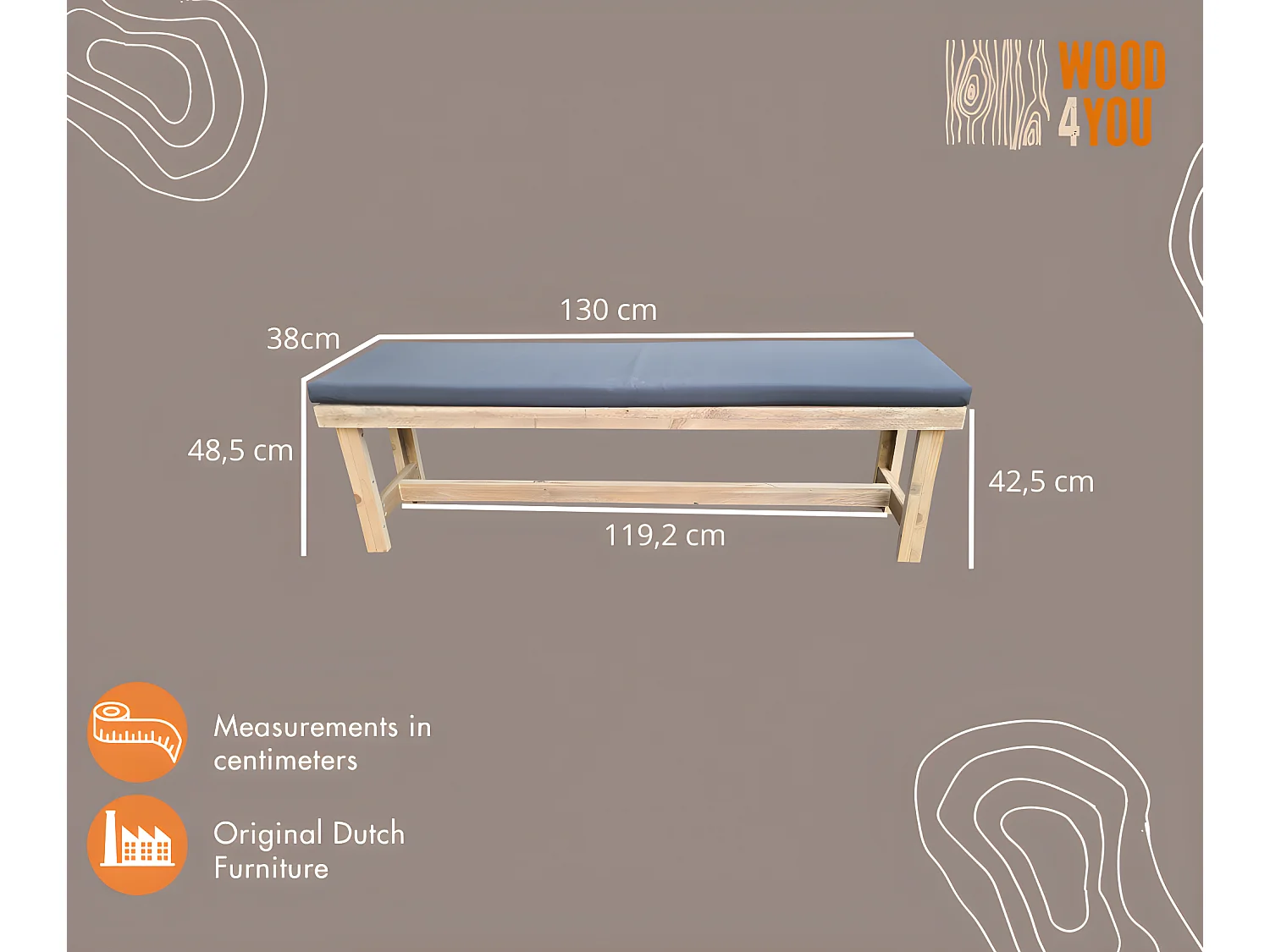 wood4you - Banc de jardin Rotterdam échafaudage bois -130Lx43Hx36D cm - coussin inclus