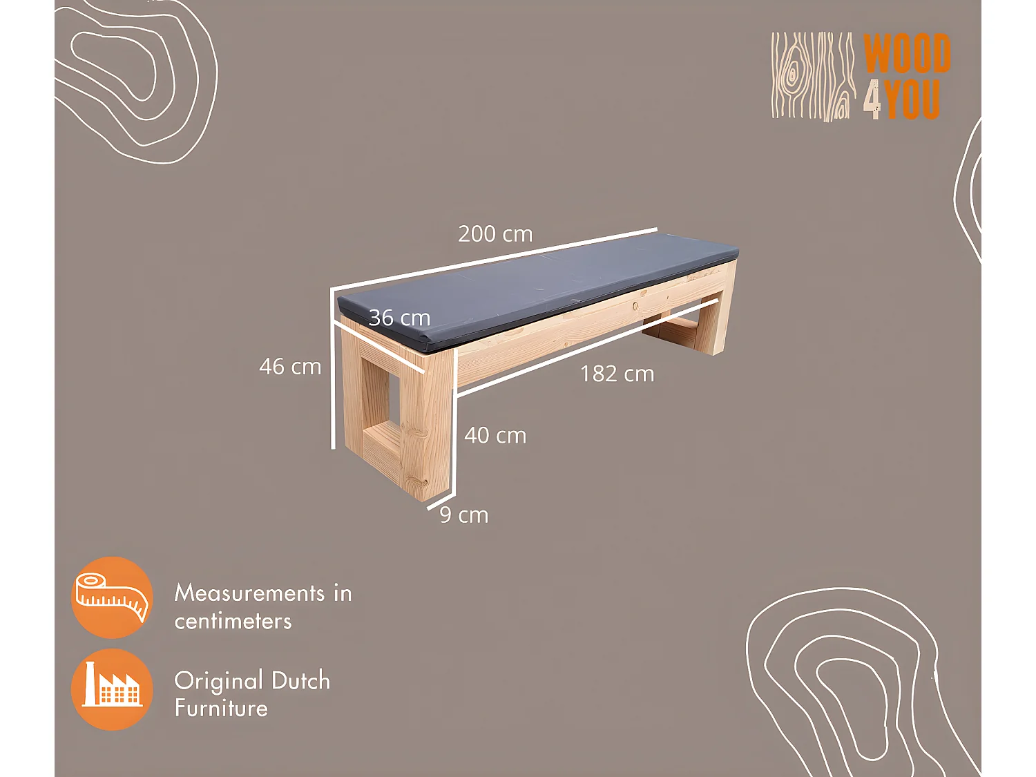 Wood4you - Banc de jardin Boston 200Lx45Hx38D cm avec coussin