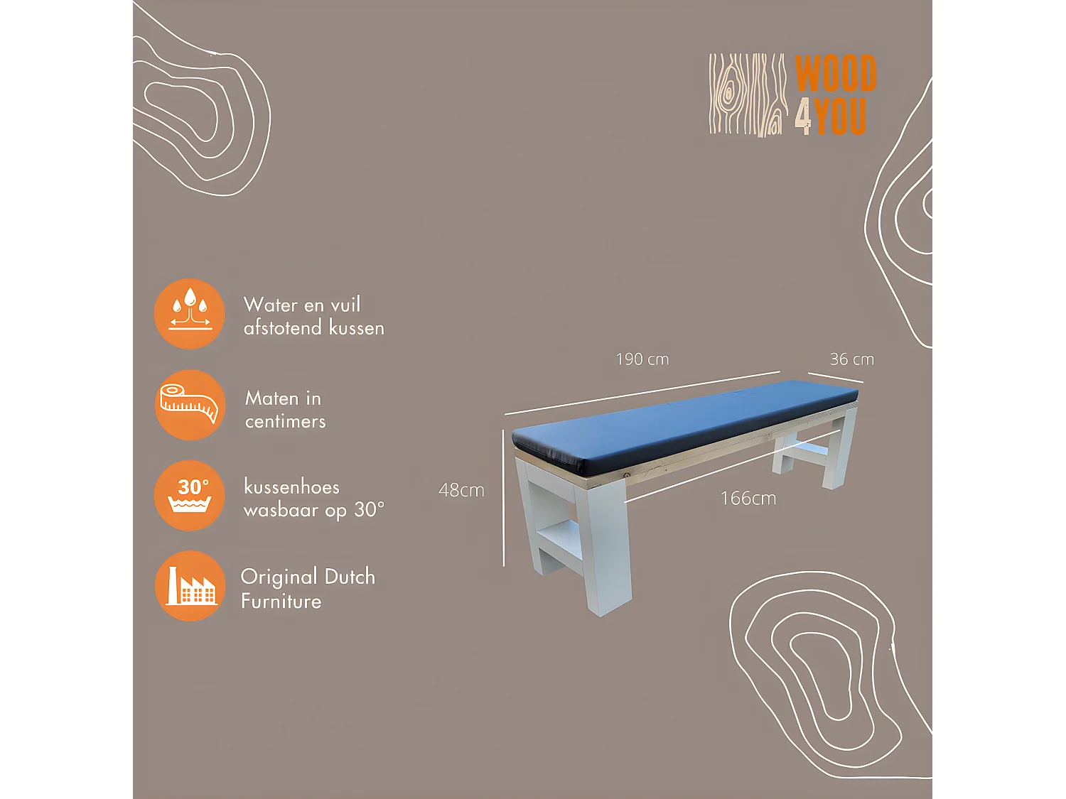 Wood4you - Banc Seattle- 190Lx40Hx38D cm blanc - coussin inclus