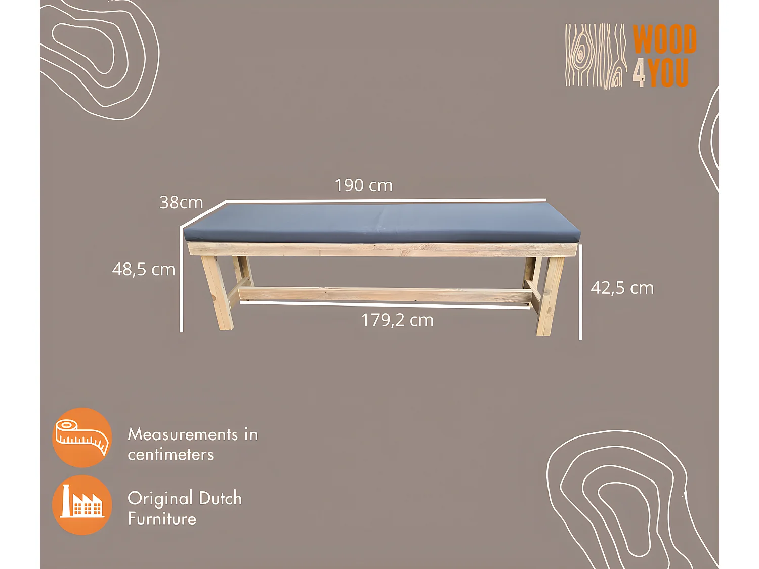 wood4you - Banc de jardin Rotterdam échafaudage bois -190Lx43Hx36D cm - coussin inclus