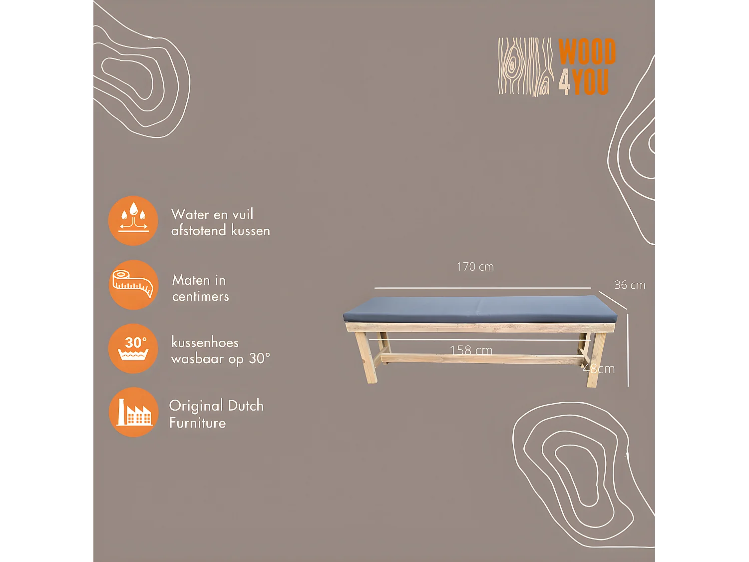 Wood4you - Banc de jardin Rotterdam échafaudage bois -170Lx49Hx38D cm - coussin inclus