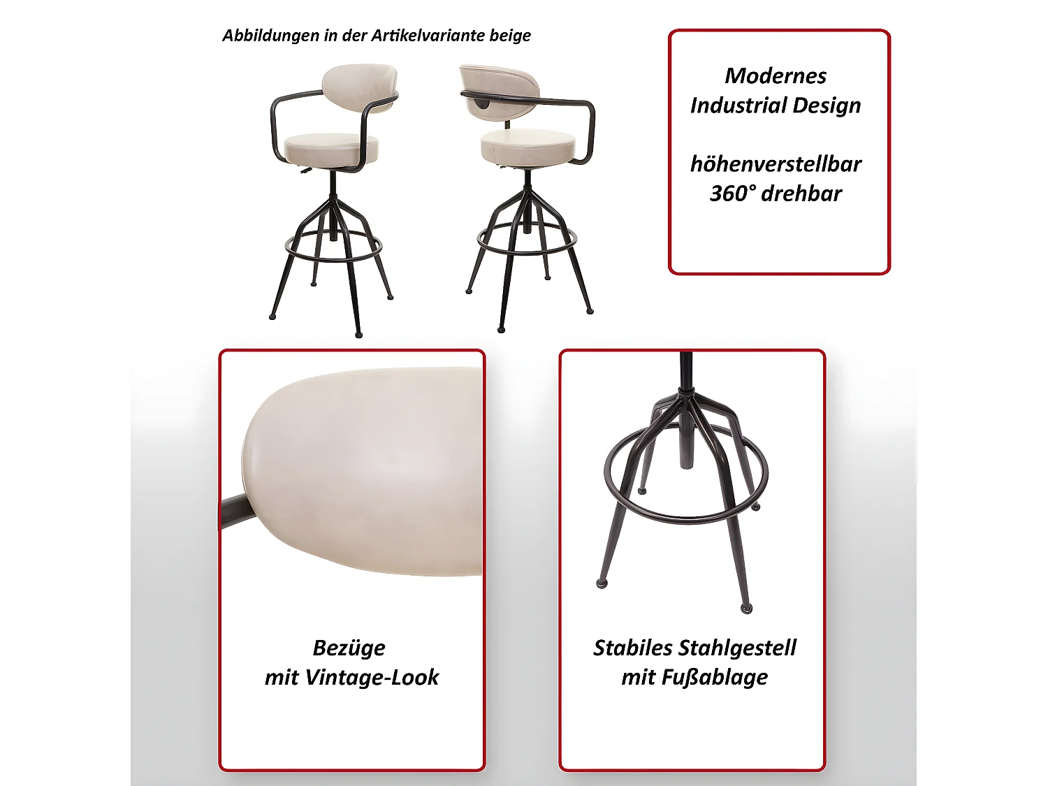 Stołek barowy MCW-H10f,  vintage szary