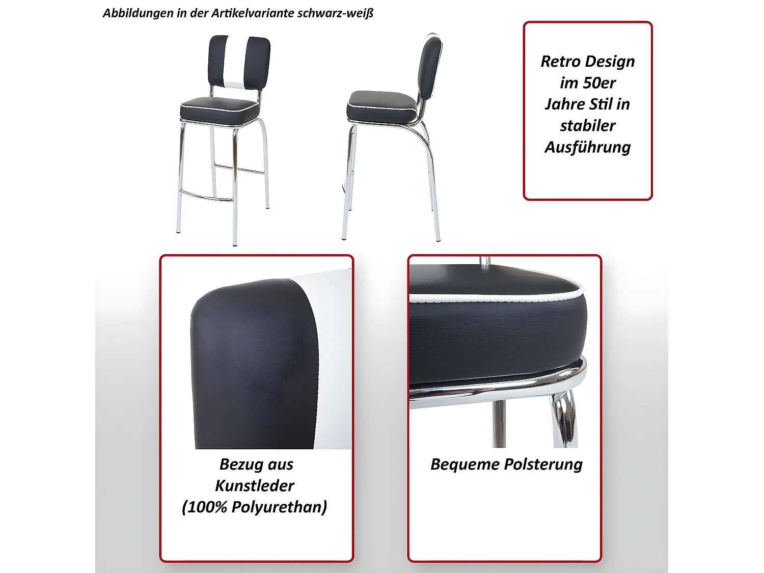 Banco de bar Akita (conjunto de 2),  preto e branco