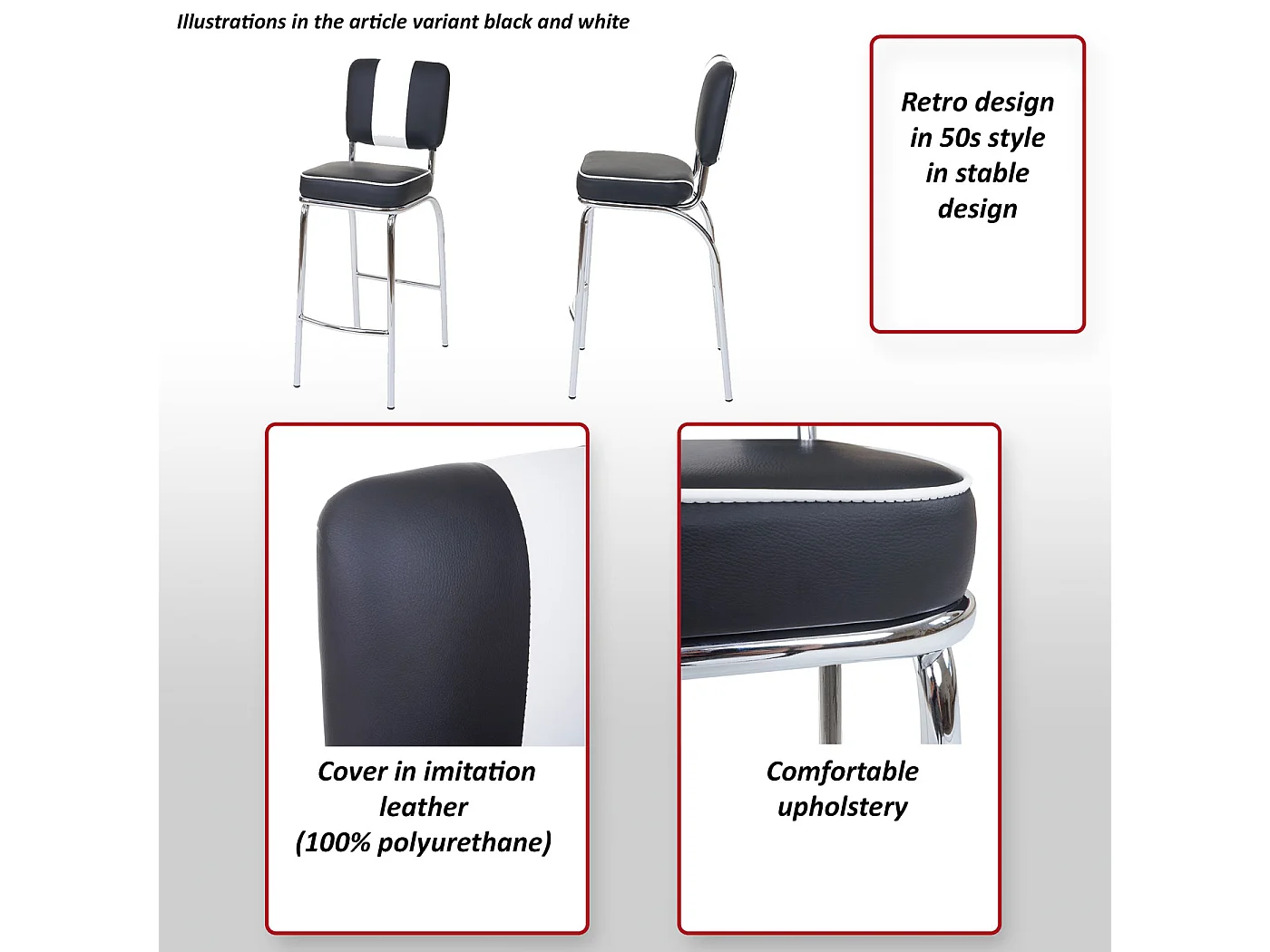 Banco de bar Akita (conjunto de 2),  preto e branco