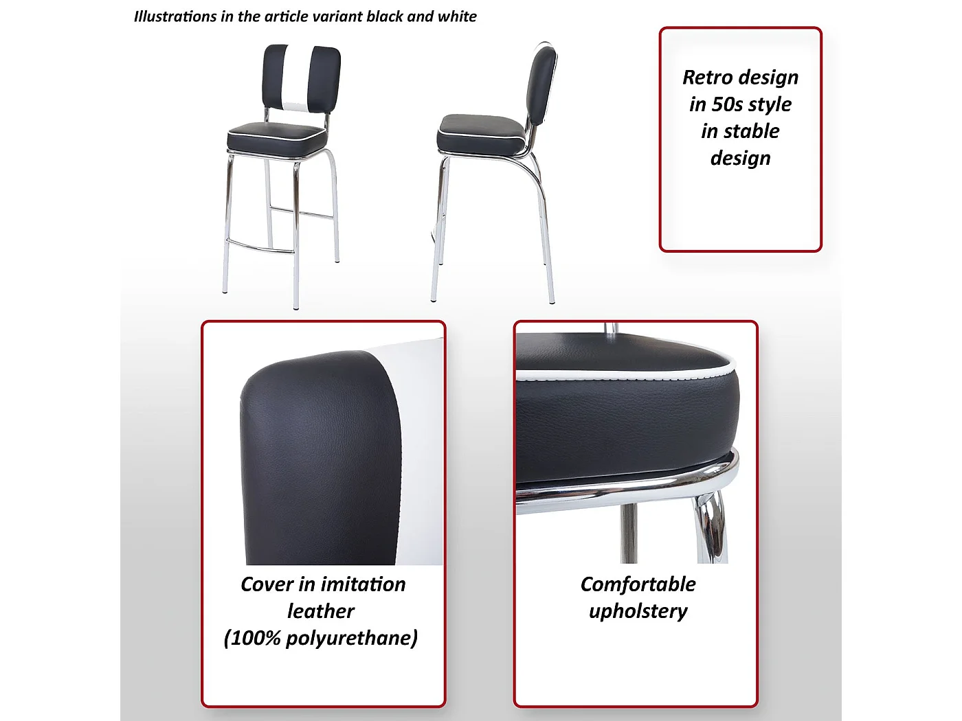 Barhocker Akita (2er-Set), Schwarz-weiß