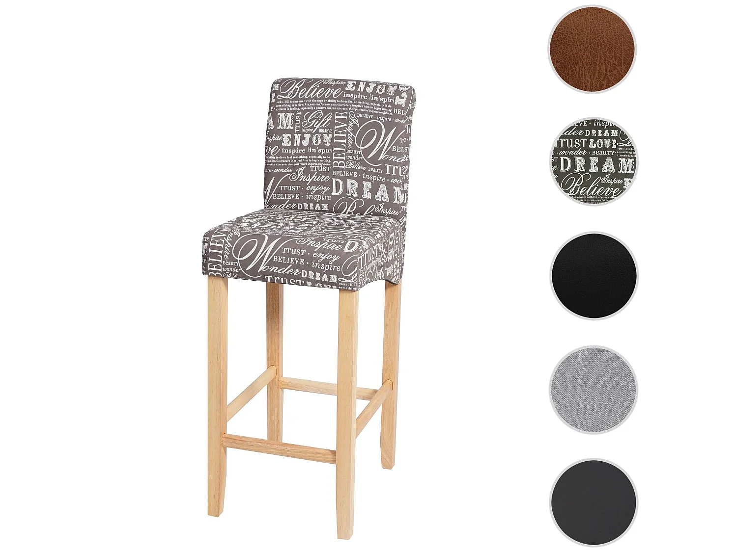 Taburete de bar MCW-C33,  lettering, gris, patas claras, tela/textil