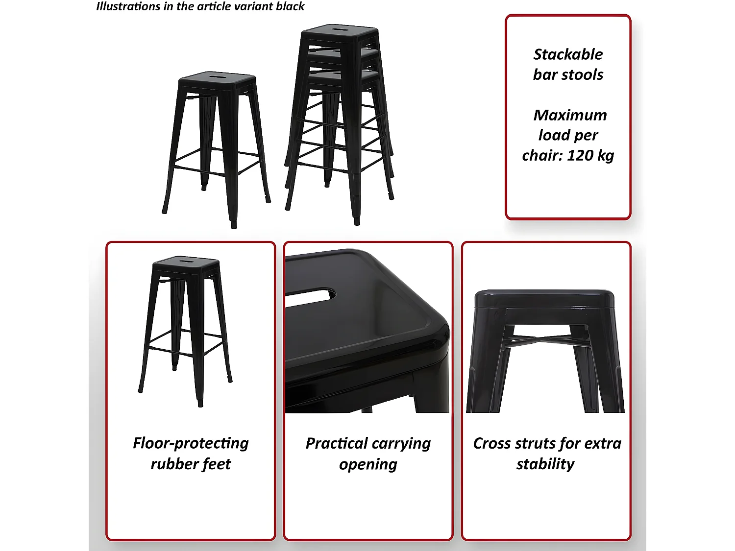 Tabouret de bar MCW-A73 Métal empilable,  noir
